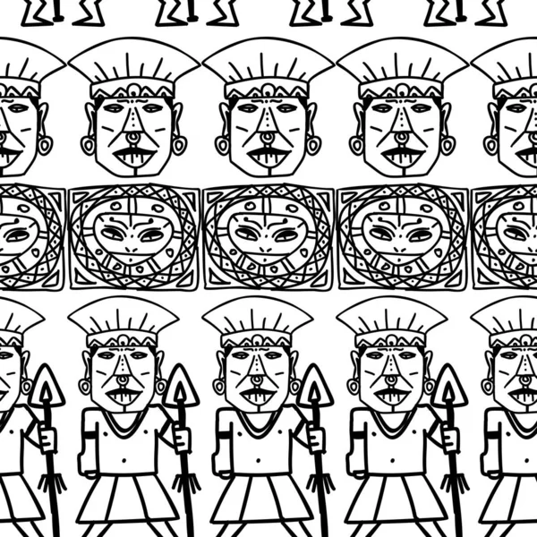 Aztec tribal pattern vector with hand drawn ethnic in black and white colors. Seamless historical mexican maya culture drawing popular this year for fashion textile print and wrapping. — Stock Vector