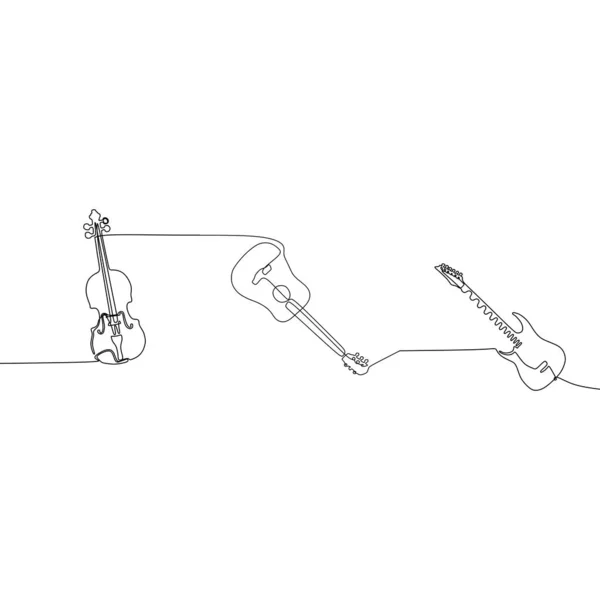 Eléctrico Guitarra acústica violín una línea instrumentos musicales tradicionales. Conjunto de contorno vectorial para cartelera musical — Archivo Imágenes Vectoriales