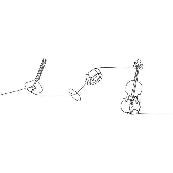 Mandolin pequeño micrófono guitarra clásica una línea de instrumentos musicales tradicionales. Conjunto de contorno vectorial para cartelera musical — Vector de stock