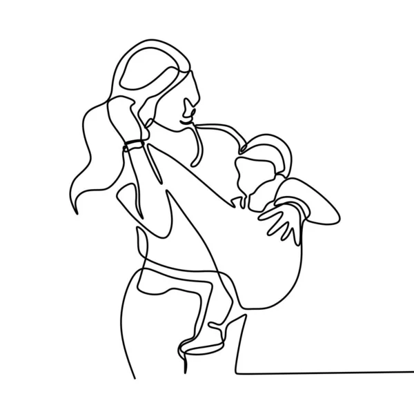 Dibujo continuo de la línea de la madre y el bebé. moda mamá todavía joven llevar a su hijo . — Archivo Imágenes Vectoriales