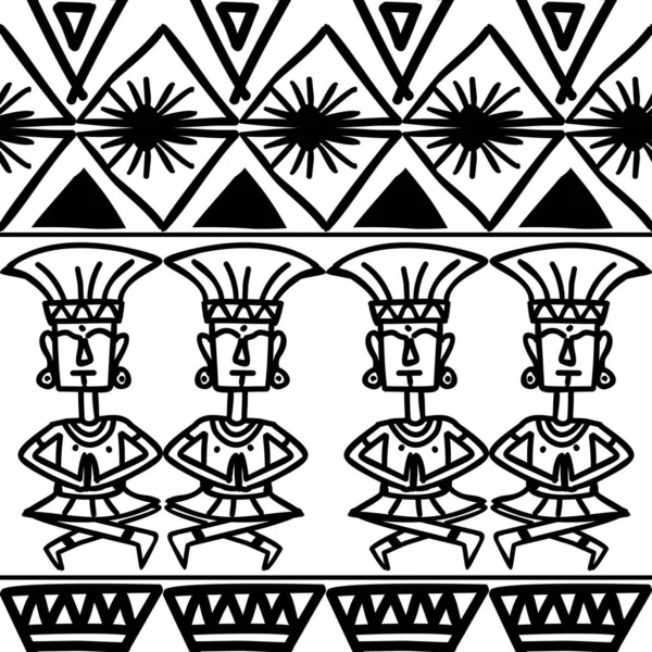 Aztec tribal pattern vector with hand drawn ethnic in black and white colors. Seamless historical mexican maya culture drawing popular this year for fashion textile print and wrapping. — Stock Vector