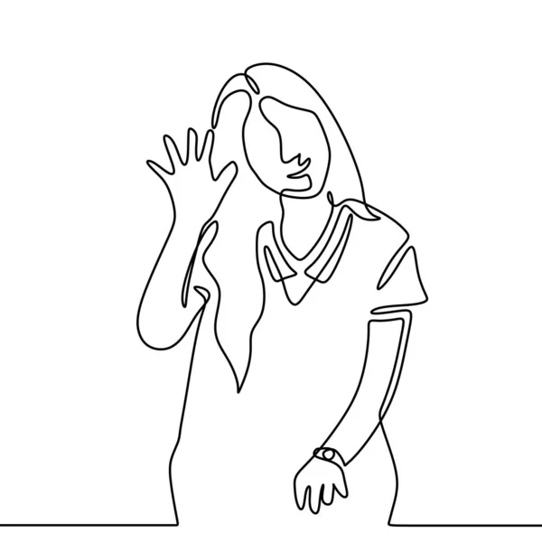 Linda chica de una línea de dibujo decir hola y hola a la audiencia. Diseño minimalista dibujado a mano continuo . — Vector de stock