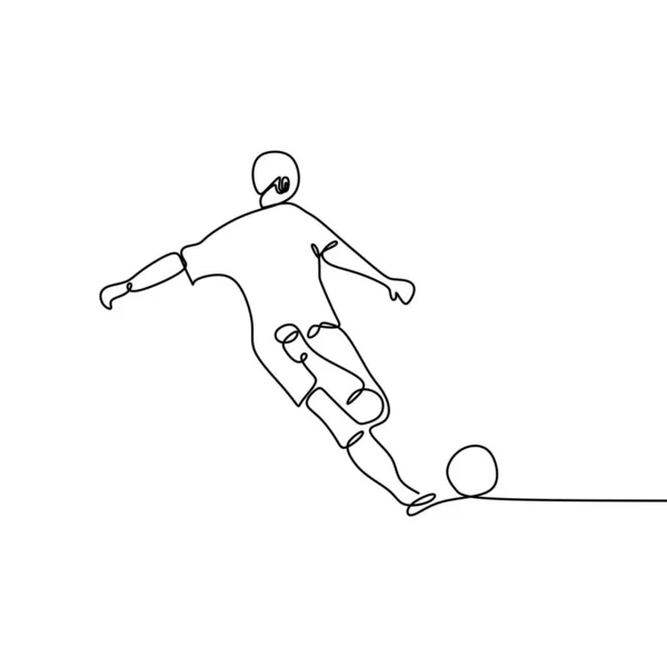 Kontinuerlig linje ritning av fotbollsspelare kick Ball — Stock vektor