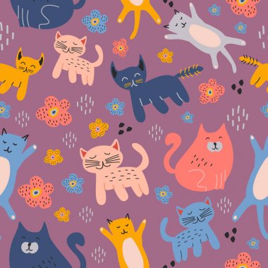 Komik kediler el renkli çocuk çizim tarzı ile sorunsuz desen çizilmiş