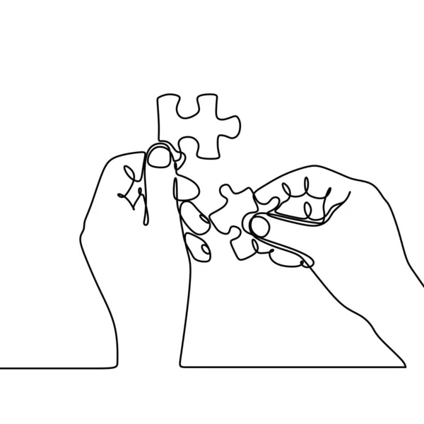 Desenho de linha contínua de mãos resolver quebra-cabeça design minimalista —  Vetores de Stock