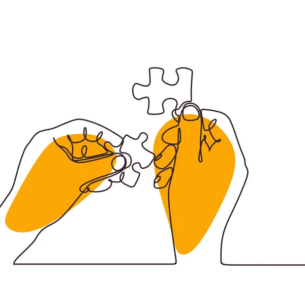 Doorlopende één lijntekening van handen oplossen Jigsaw Puzzle minimalistisch design — Stockvector