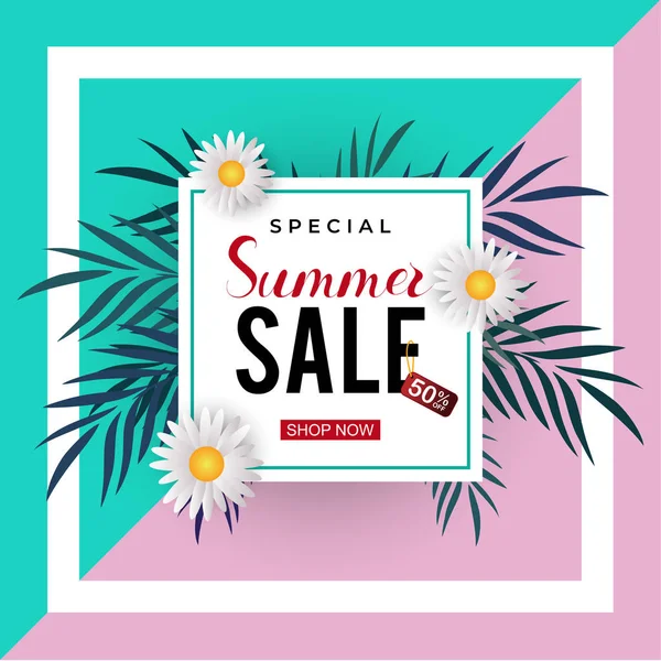 Summer sale trendy banner template with frame and floral decoration — Stock Vector