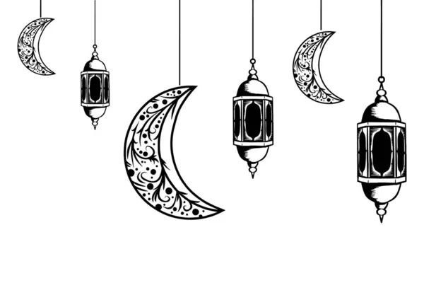 Ramadan latarnia i księżyc wiszące dekoracyjne rocznika ręcznie rysowane projekt szkicu — Wektor stockowy