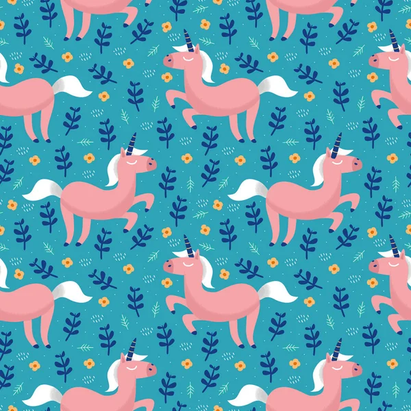 Lindo unicornio con adorno floral patrón sin costuras — Vector de stock