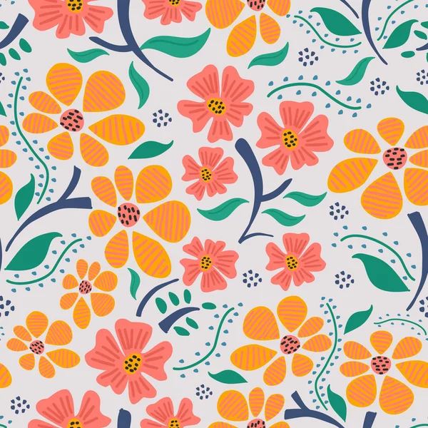 Blumen Blumen Hand gezeichnet nahtlose Muster mit trendigen kindischen Zeichnung handgemachten Hintergrund — Stockvektor