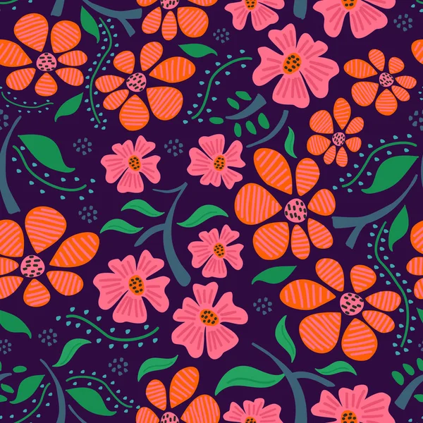 Feminine florale Hand gezeichnet nahtlose Muster auf lila Hintergrund — Stockvektor