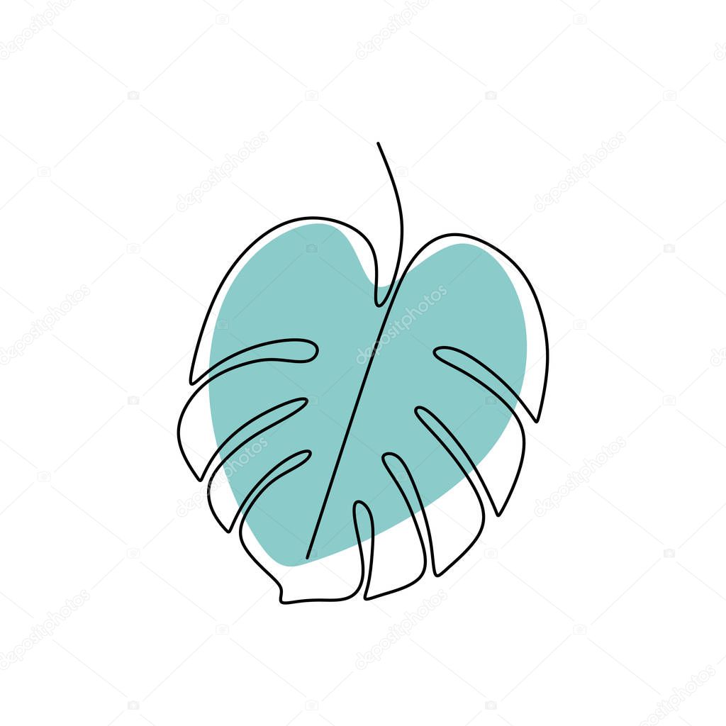 Monstera delicosa plant leaves continuous one line drawing minimalist design. Simple minimalism style on white background.