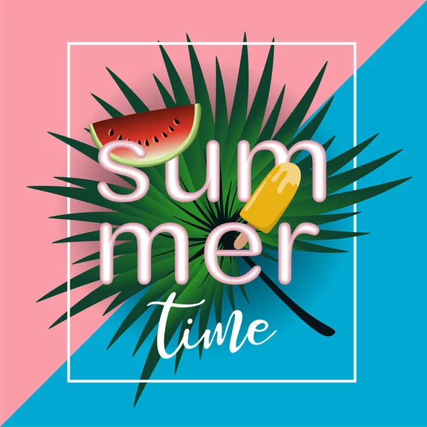 Summer sale design template with palm leaf, watermelon, and ice cream. — Stock Vector