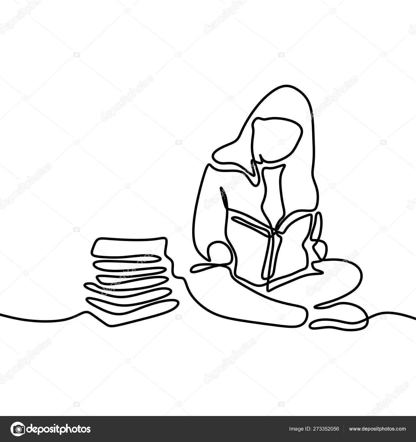 Cute Little Girl Reading Book One Continuous Line Drawing