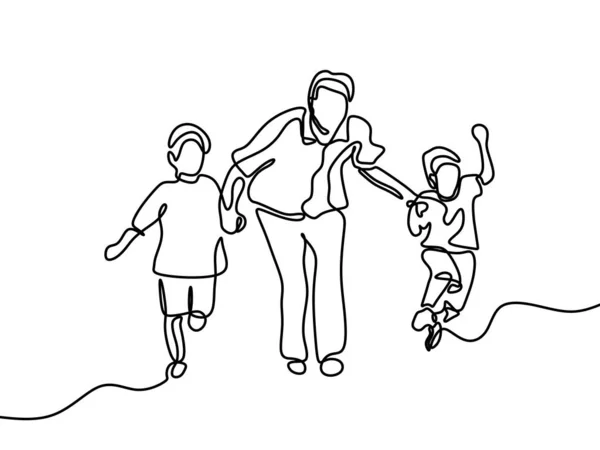 Padre e i suoi figli disegnano una linea continua — Vettoriale Stock