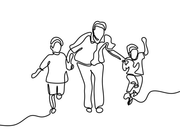 Father and his children continuous one line drawing