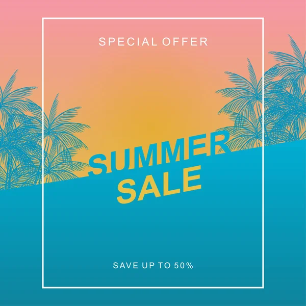 Summer sale design template with sunset tropical beach and coconut trees — Stock Vector