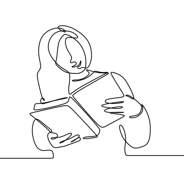 Dibujo de línea continua de niña leer libro diseño minimalista — Vector de stock