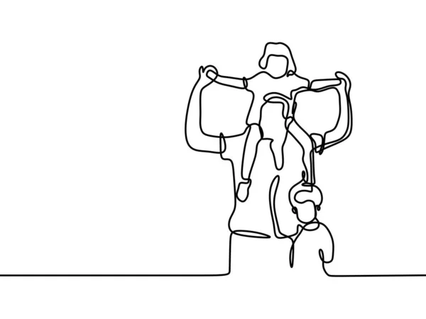 Happy Father and children continuous line drawing minimalist design - Stok Vektor