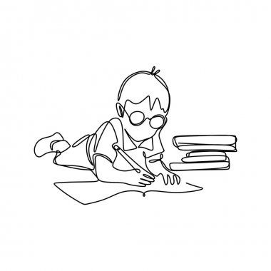 Çocuklar kitap okumak ve sürekli bir çizgi çizim çalışma