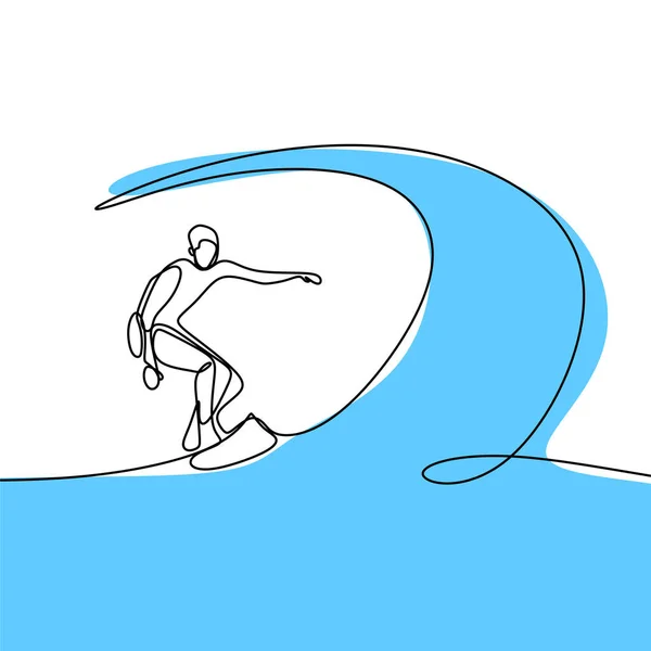 Été un dessin de ligne avec la personne faisant du surf sur la plage . — Image vectorielle