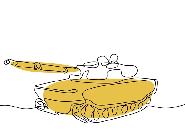 Línea continua dibujo tanque concepto militar aislado sobre fondo blanco, transporte de batalla con arma . — Vector de stock