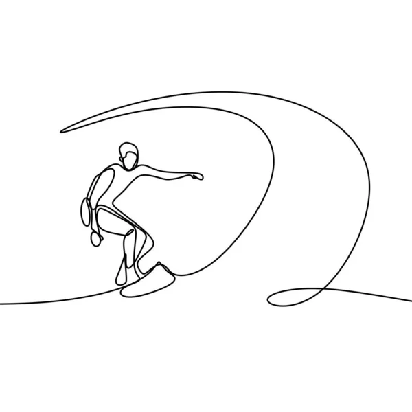 Summer one line drawing with person doing surfing on beach. - Stok Vektor