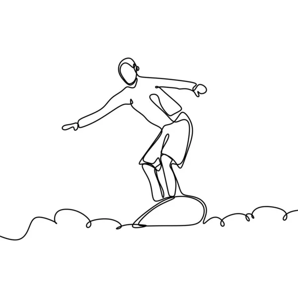 Verano una línea de dibujo con la persona haciendo surf en la playa . — Archivo Imágenes Vectoriales