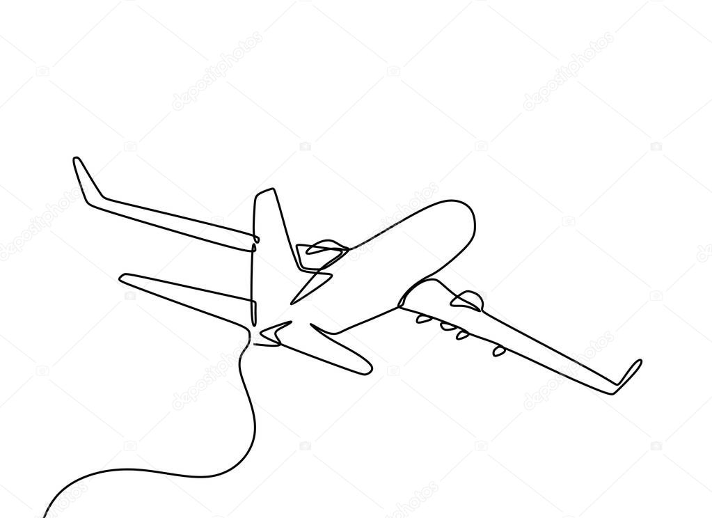 one line drawing of airplane flying on the sky on white background