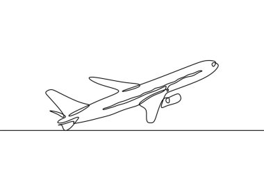 Beyaz arka plan üzerinde izole gökyüzünde uçan uçağın sürekli çizgi çizimi