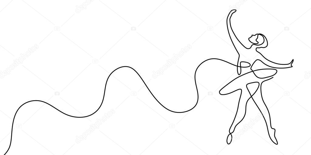 Dancing girl continuous one line drawing vector illustration isolated on white background minimalist design