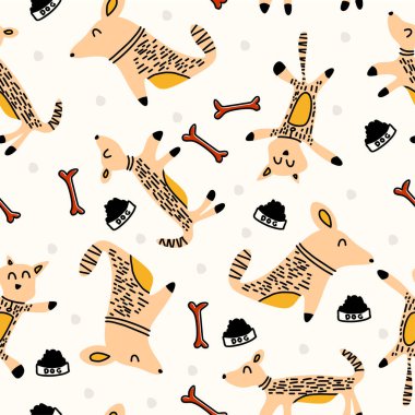 İskandinav çizim stili ile el çizilmiş köpek dikişsiz desen