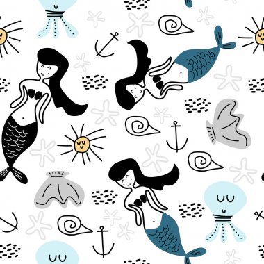 Çocukça çizim tarzı ile Komik denizkızı dikişsiz desen
