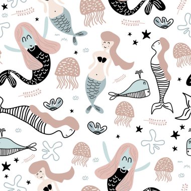 Denizkızı ve denizyıldızı sorunsuz çizim Sevimli desen. Bebek moda tekstil baskı için deniz dünyasının komik illüstrasyon.