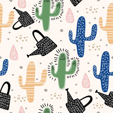 Sevimli el çizilmiş pastel renkler arka plan ile kaktüs dikişsiz desen. Komik doğa öğeleri ile bebek ve çocuklar için vektör illüstrasyon.