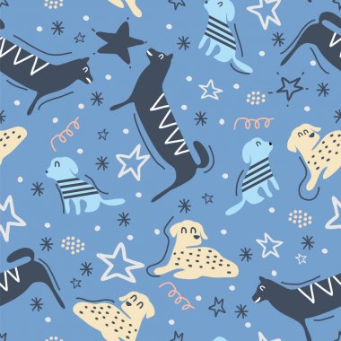 Elle çizilmiş köpekler ile çocukça sorunsuz desen. Trendy İskandinav vektör arka plan. Tekstil baskı dekorasyonu için iyi.