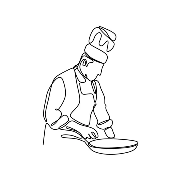 One Line Chef Cooking Food — Stock Vector