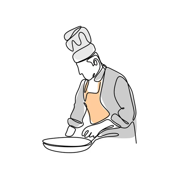 One Line Chef Cooking Food — Stock Vector