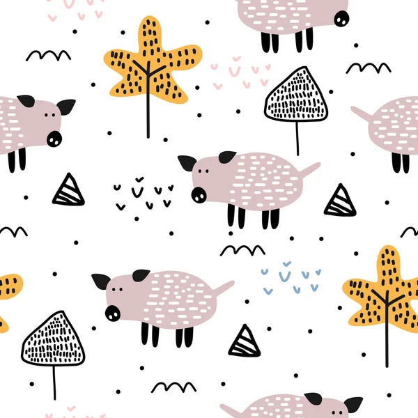 Cute pig hand drawn seamless pattern vector illustration. Trendy scandinavian drawing on white background. Ready for fashion textile baby and kids apparel. — Stock Vector