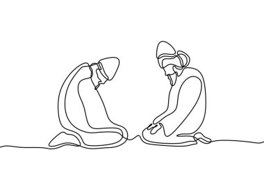 Tasavvuf sürekli çizgi çizim minimalist tasarım. Kalbini ve bilgeliğini iyileştirmeyi öğrenen iki kişi ile İslami ritüel.