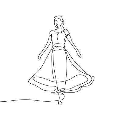 Beyaz arka plan üzerinde izole minimal tasarım çizim elbisesi sürekli bir çizgi ile kadın. Minimalizm tarzı minimalist tasarım.