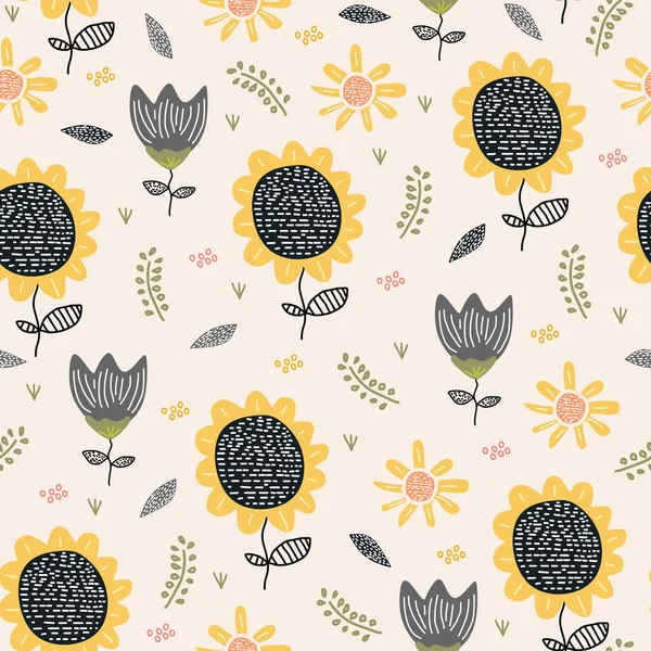 Modèle de fleur de tournesol dessin fond. Illustration vectorielle de conception botanique florale dessinée à la main sans couture pour impression textile . — Image vectorielle