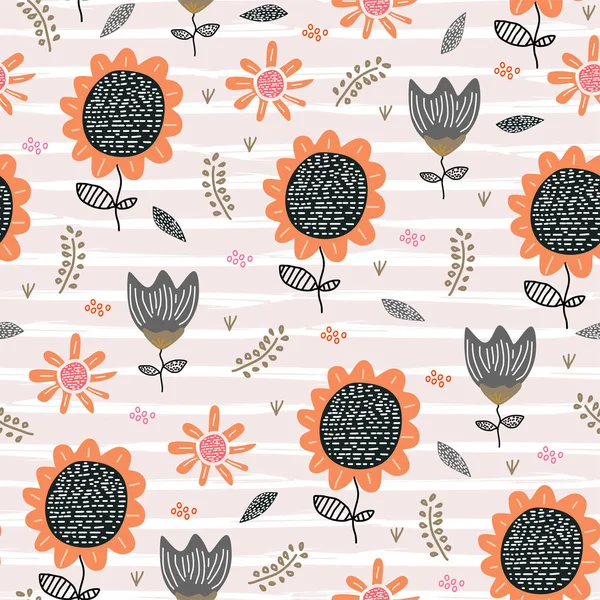 Niedlichen Blumen nahtlose Muster skandinavischen Zeichnung der Sonnenblume Hand gezeichnet kindischen Stil Vektor Illustration — Stockvektor