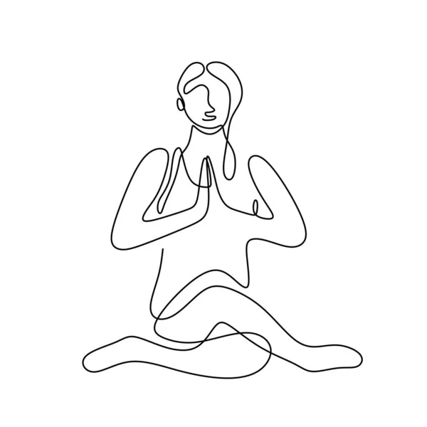 Una línea de yoga chica haciendo meditación para la salud mental y el bienestar aislado sobre fondo blanco — Vector de stock