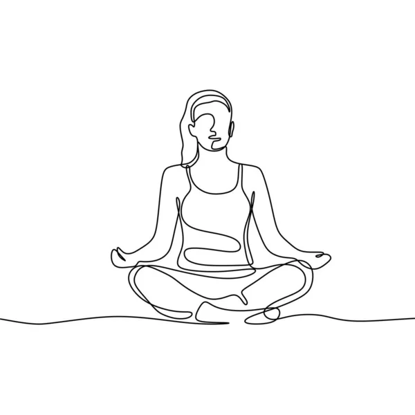 Chica haciendo meditación y yoga continuo dibujo de una línea — Vector de stock