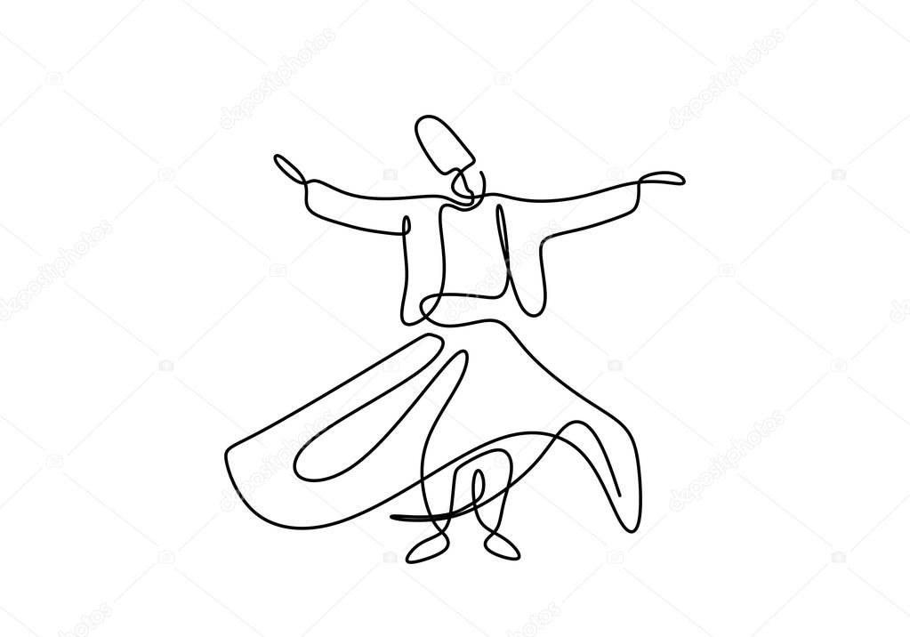 Continuous one line drawing of sufi dancer vector illustration. Traditional Sema dancing minimalist design.