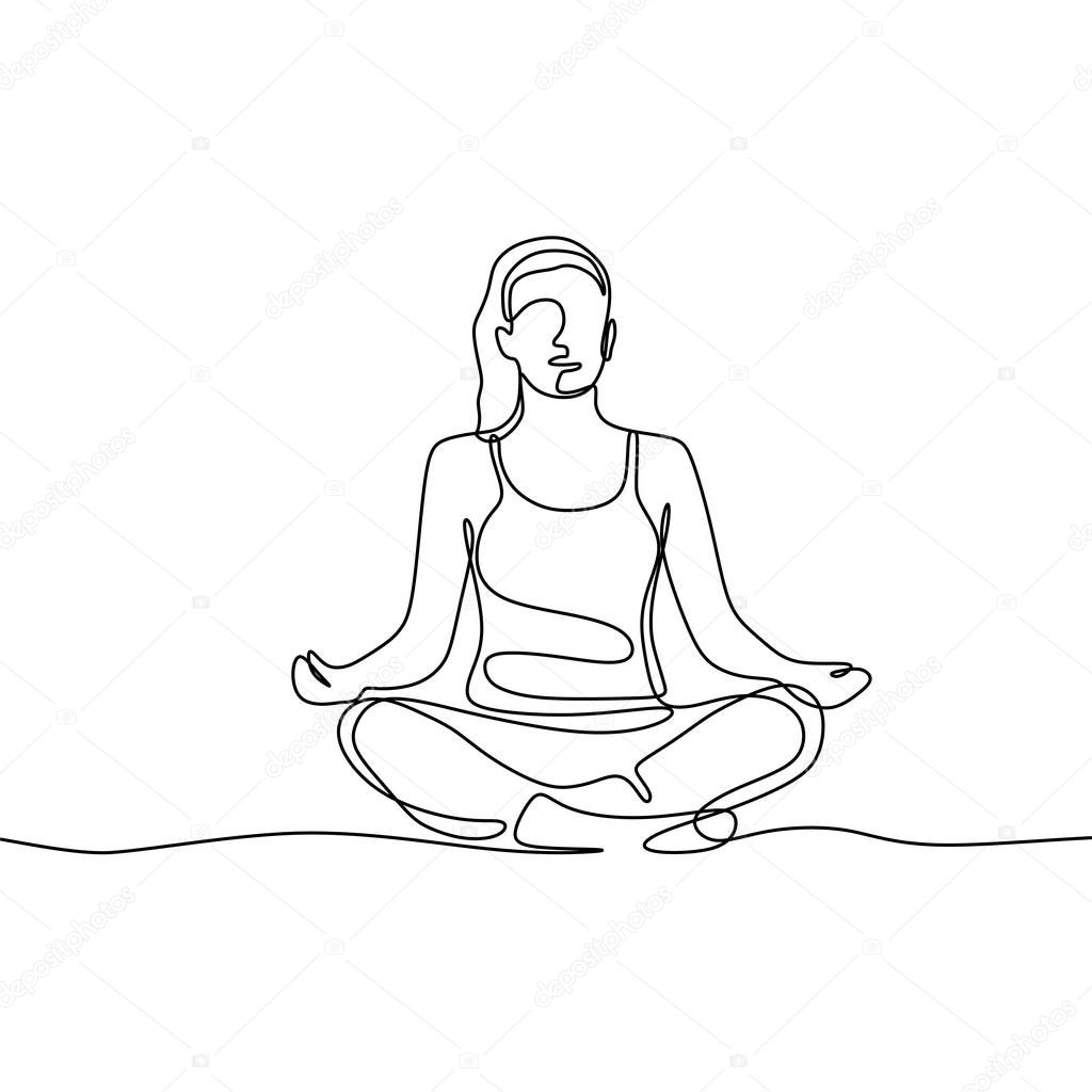 Girl doing meditation and yoga continuous one line drawing