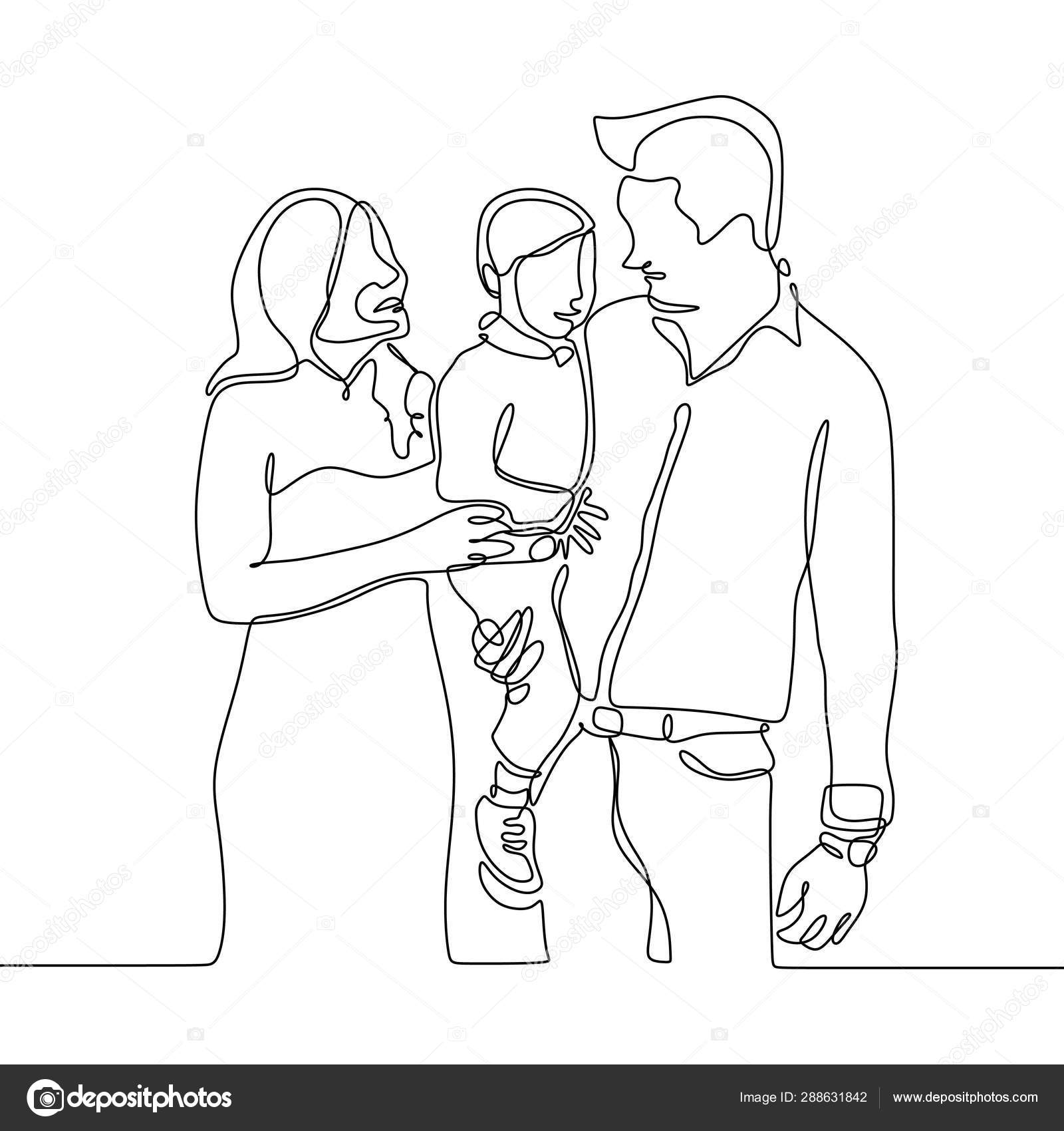 Непрерывный рисунок линии члена семьи. Отец, мама и их ребенок . Векторное  изображение ©ngupakarti 288631842