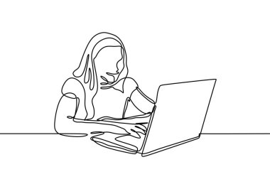 Dizüstü bilgisayar ile kız sürekli çizgi çizim. O ofis minimalizm tasarım sert bir işçi.