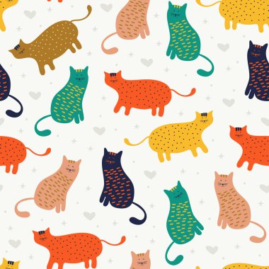 Bebek ve çocuklar moda tekstil baskı ve sarma için iyi komik kedi Dikişsiz desen. Hayvan hayvanların vektör illüstrasyon renkli dekorasyon.